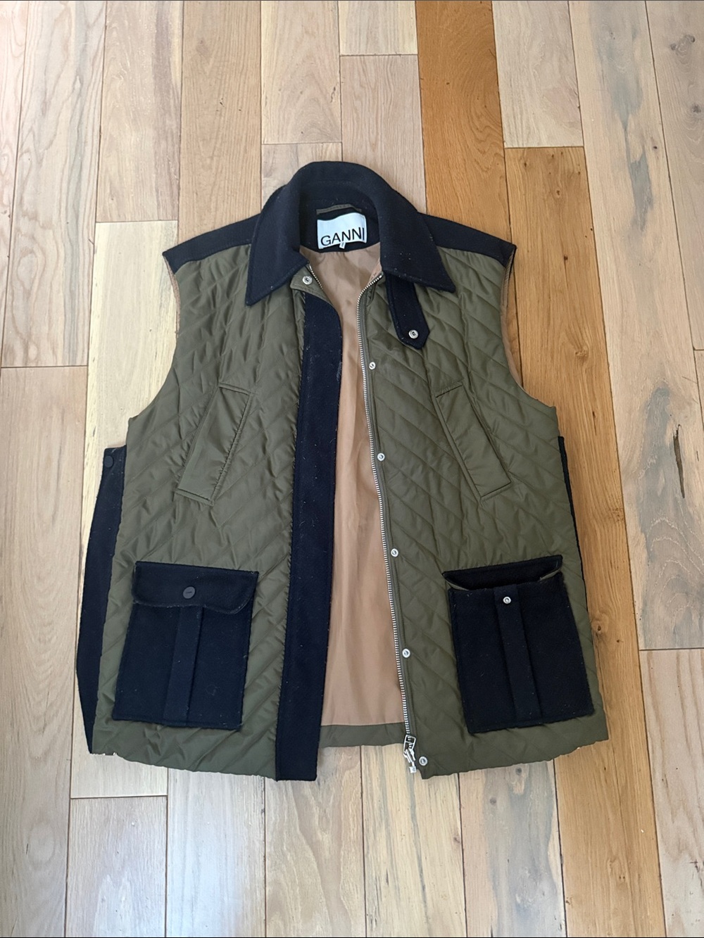 Ganni Olive Green Quilted Vest with Black Accents